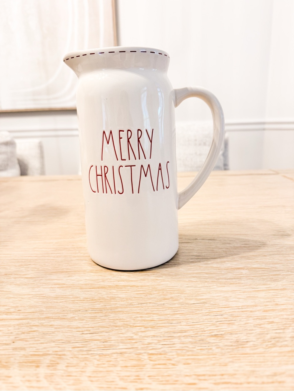 Rae Dunn MERRY CHRISTMAS Ceramic Pitcher Red Letter Christmas Holiday 9”